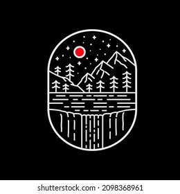 mountain vector. waterfall and lake vector. in mono line art. nature vector