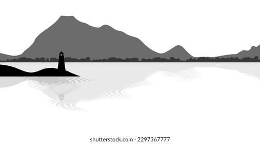 Mountain vectors by the river with reflections on the water white silhouette style