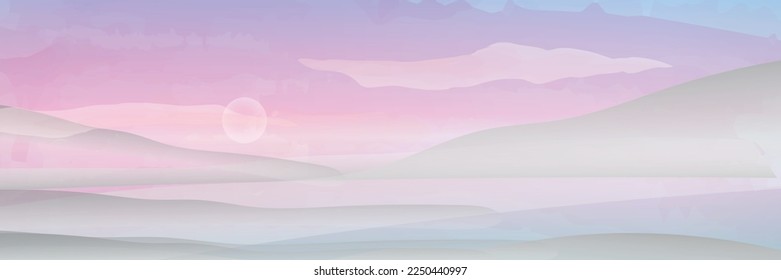Mountain view abstract banner. Minimal vector background in calm blue and pink colors. Light pastel landscape with watercolor elements. 