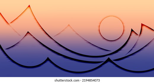 Mountain view, abstract stylization, sunset light and sun, vector illustration