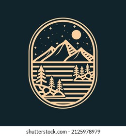 Mountain view for adventure and outdoor logo design with line art style