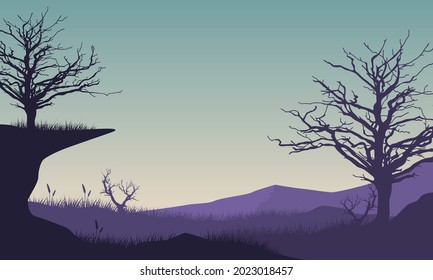 Mountain view with aesthetic dry tree silhouettes from the outskirts of the city at sunrise. Vector illustration of a city