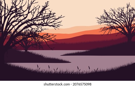 Mountain view with aesthetic dry tree silhouette from the lakeside at dusk. Vector illustration of a city
