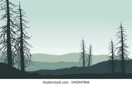 Mountain view with aesthetic silhouettes of dry trees around it. Vector illustration