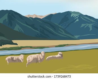 Vista de montaña y paisaje hermoso en el vector gráfico de ilustración