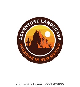 Mountain view with cactus sunset in desert new mexico badge adventure logo design Inspiration