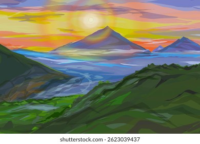 mountain view with cloudy sky illuminated by the sun