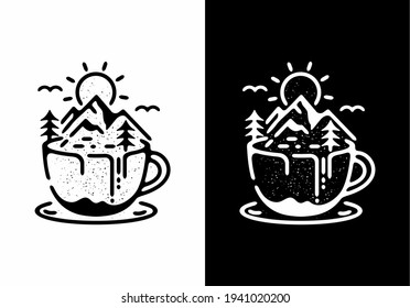 Mountain view coffee line art illustration design