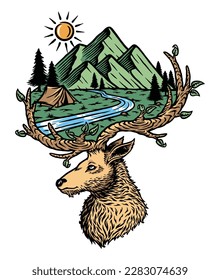 Bergblick und Hirsch in der Natur