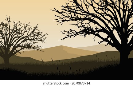 Mountain view with dry tree silhouette outstanding from the outskirts of the city at sunrise. Vector illustration of a city