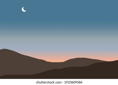 mountain view at dusk. towards evening clear sky full of stars vector illustration