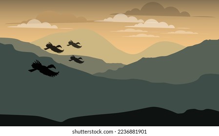 Mountain view with expanse of jungle and birds flying.Vector illustration in flat style