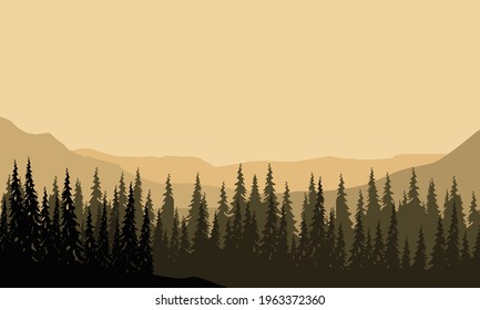 Mountain view with forest from the edge of the city at sunrise. Vector illustration of a city