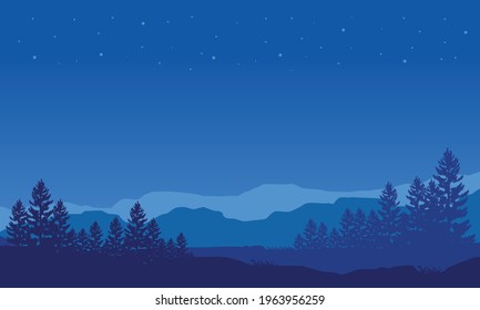 Vista de montaña con bosque desde el borde de la ciudad por la noche. Ilustración vectorial de una ciudad