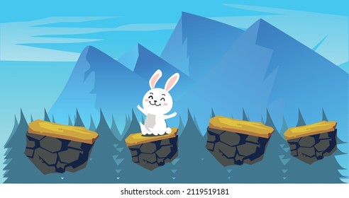 mountain view game asset with a rabbit character vector illustration with a tree in front minimalist design landscape for background 