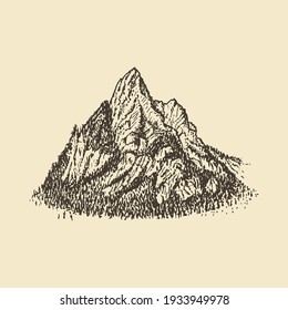 A mountain view, hand drawn illustration. Vector sketch of an alpine mount landscape for label, poster etc.