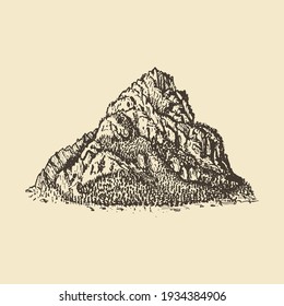 A mountain view, hand drawn illustration. Vector sketch of an alpine mount landscape for label, poster etc.