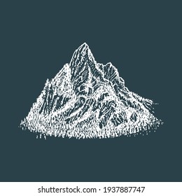 A mountain view, hand drawn illustration. Vector sketch of an alpine mount landscape for label, poster etc.