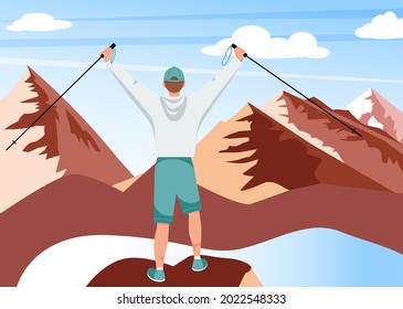 Mountain view with hiker boy and rocks on blue sky with white clouds, template for autumn hiking and camping concept. Flat vector illustration.