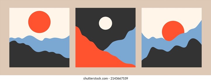 Vista de montaña. Colinas, sol, luna. Estilo de corte de papel. Diseño abstracto plano. Ilustración al estilo escandinavo. Conjunto de tres ilustraciones vectoriales de moda dibujadas a mano.