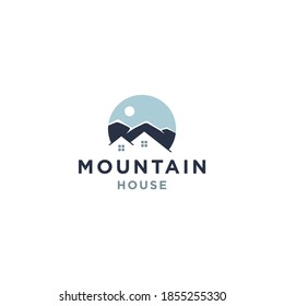 mountain view house residential property logo design vector icon illustration, villa hotel icon with hill view background