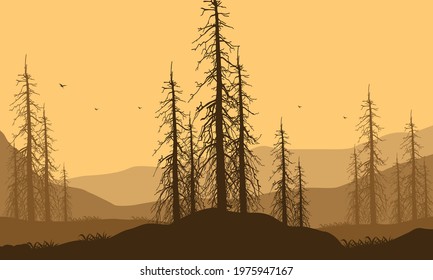 Mountain view with the incredible forest in the afternoon from the edge of the city. Vector illustration of a city