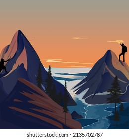 Mountain view isolated with handwritten vector illustration. Symbol logo template, mountain climber