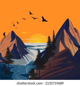 Vista de montaña aislada con ilustración vectorial manuscrita. Plantilla de logotipo de símbolo, escalador de montaña