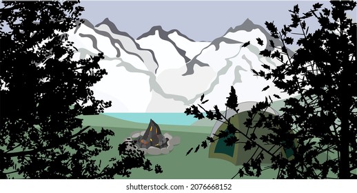 mountain view lake tent background vector illustration