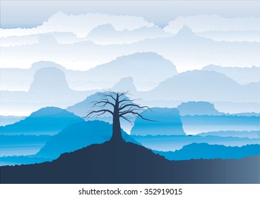 Mountain View  landscape  silhouette  tree  on the  foreground ,vector illustration