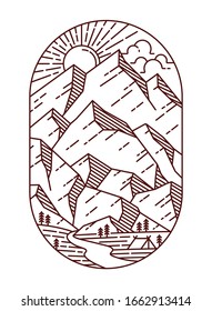 Mountain view line illustration. hand drawn