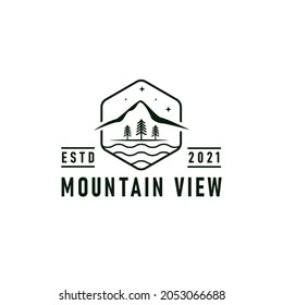 Logo-Emblem für Bergsicht, Vektorgrafik mit Design von Fluss-, Wald- und Berglandschaften
