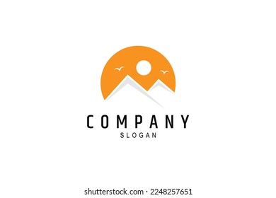 Mountain view logo with orange sky in circle frame