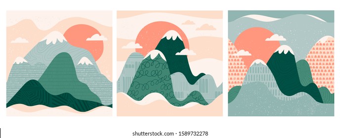 Vista de montaña. Montañas, colinas, nubes, sol. Estilo de corte de papel. Diseño abstracto plano. Ilustración de estilo escandinavo. Textura del sello. Conjunto de tres patrones vectoriales a la moda dibujados a mano sin fisuras