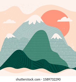 Mountain view. Mountains, hills, clouds, sun. Paper cut style. Flat abstract design. Scandinavian style illustration. Stamp texture. Hand drawn trendy vector seamless pattern