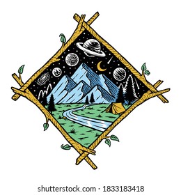 Vista de montaña en ilustración nocturna