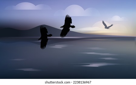 Mountain view with ocean and eagle flying.Vector illustration .