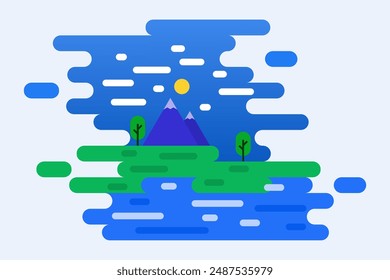 mountain view over the sea flat design