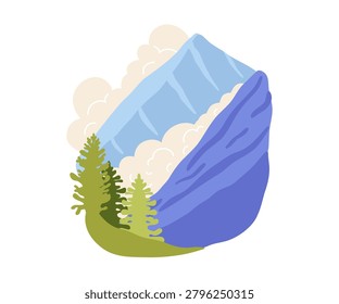 Mountain view with pine trees and fog. Hand drawn wildlife illustration.