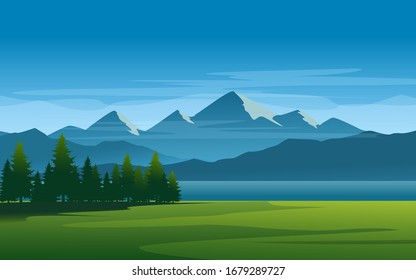 Mountain view with pine trees and meadow