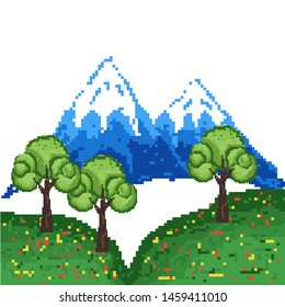 Mountain view with pixel art style. landscape and nature pixel art style. EPS 10