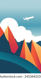 Mountain view. Postcard with a view of the mountain.  Mountain peaks, flying airplane. Vacation, vacation, travel. Vector illustration, poster. Print, web design