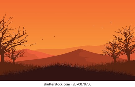 Mountain view with realistic dry tree silhouettes from the out of the city at dusk. Vector illustration of a city