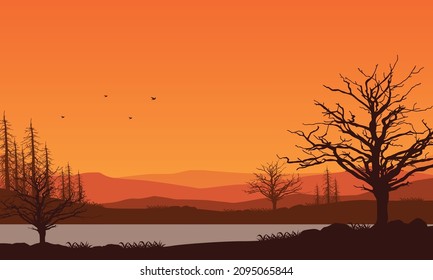 Mountain view with realistic dry tree silhouette from the riverbank at dusk. Vector illustration of a city