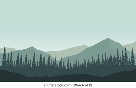 Mountain view with realistic morning forest from the outskirts of town. Vector illustration of a city