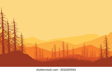 Mountain view with a realistic silhouette of pine trees from the countryside at sunset in the evening. Vector illustration of a city