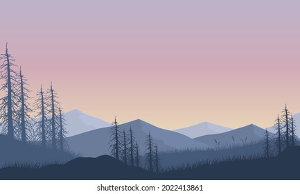 Mountain view with realistic silhouettes of pine trees from the outskirts of the city at sunrise. Vector illustration of a city