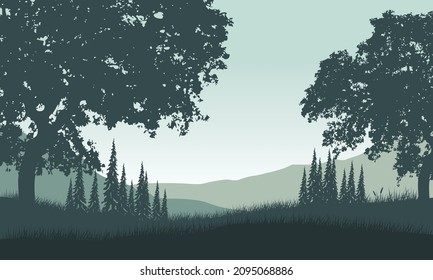 Mountain view with realistic tree silhouettes from the village at sunrise in the morning. Vector illustration of a city