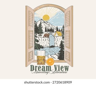 Vista a la montaña desde el diseño de la camiseta de la ventana del resort. Diseño de Vector Mountain Outdoors. Montaña, río, cascada y arte vintage del oso para la ropa, etiqueta engomada, Lote, fondo, cartel y otros.