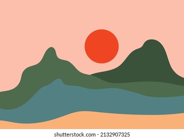 Mountain view, river. Hills, clouds, sun, moon. Paper cut style. Flat abstract design. Scandinavian style illustration. Cool Background